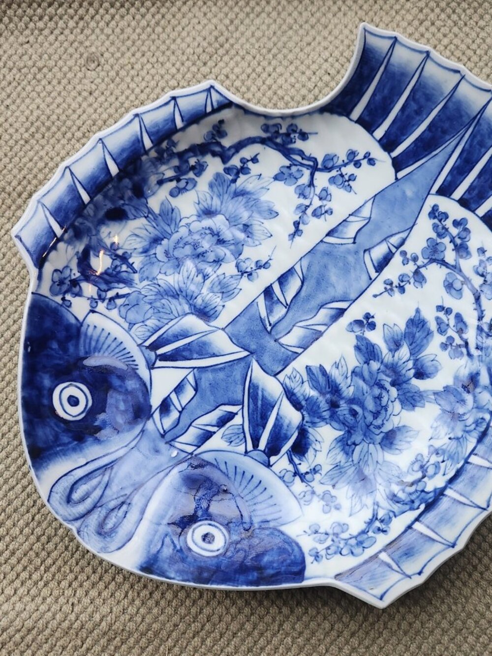 Flounder Plate Japan Arita Porcelain Pottery Meiji Period Blue White Platter Old